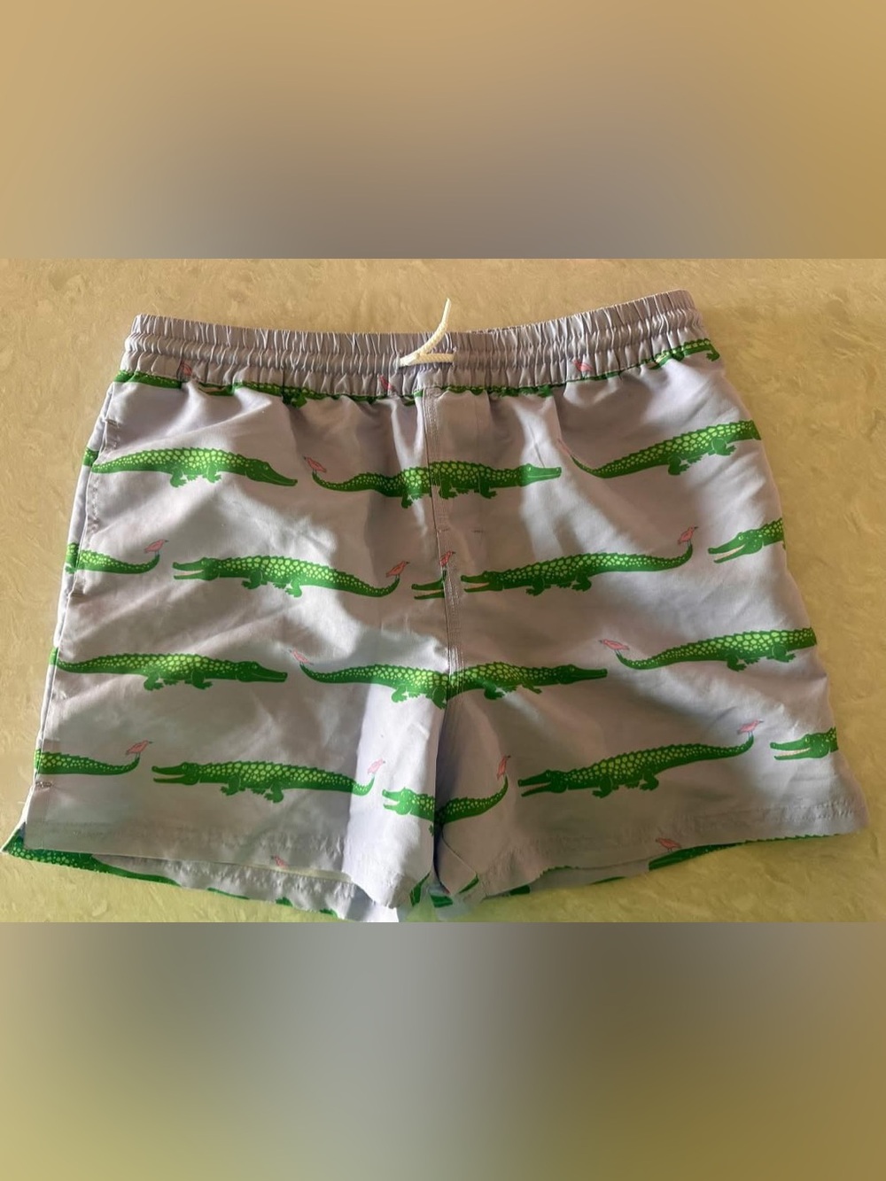Light Blue Swim Shorts with Green Alligator Print